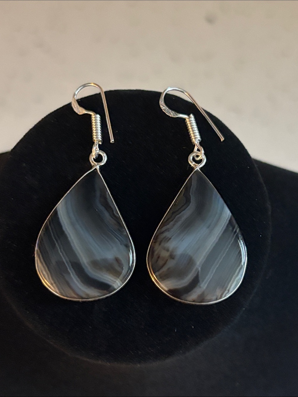 Sterling Teardrop Gray Botswana Agate Gemstone Drop Dangle Earrings
